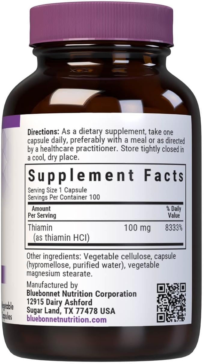 Bluebonnet Vitamin B1 100 mg - Mood Support & Energy Vitamins for Women & Men* - Thiamin HCl - Non-GMO, Vegan, Kosher, Gluten-Free - Soy & Dairy-Free - 100 Vegetable Capsules, 100 Day Supply