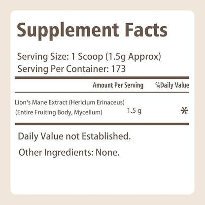 Lion's Mane Powder, Lions Mane Mushroom, Brain Health Support Supplement, Mushroom Supplement for Mental Clarity, Cognition and Immunity, 9.17oz