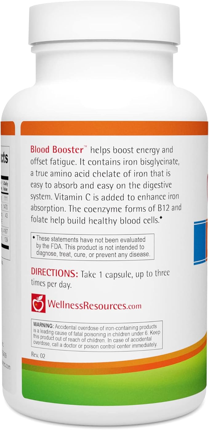 Blood Booster Iron Supplement for Energy and Fatigue - Gentle, Non-constipating Iron, Methylfolate and Other coenzyme B Vitamins (180 caps - Vegan, Gluten Free, Non-GMO)