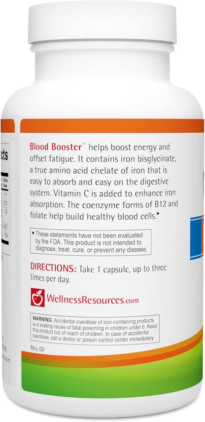 Blood Booster Iron Supplement for Energy and Fatigue - Gentle, Non-constipating Iron, Methylfolate and Other coenzyme B Vitamins (180 caps - Vegan, Gluten Free, Non-GMO)