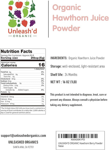 UNLEASH'D ORGANIC Organic Hawthorn Juice Powder 16 oz Provides Cardiovascular Support Enhances Nutrient Absorption