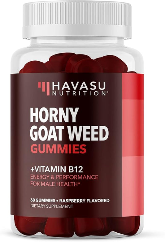 Horny Goat Weed Gummies with Vitamin B12 - Energy, Endurance & Performance Support for Male Health - 60 Count - Vegetarian-Friendly, Non-GMO, Pectin-Based - Raspberry Flavor, 1 Month Supply