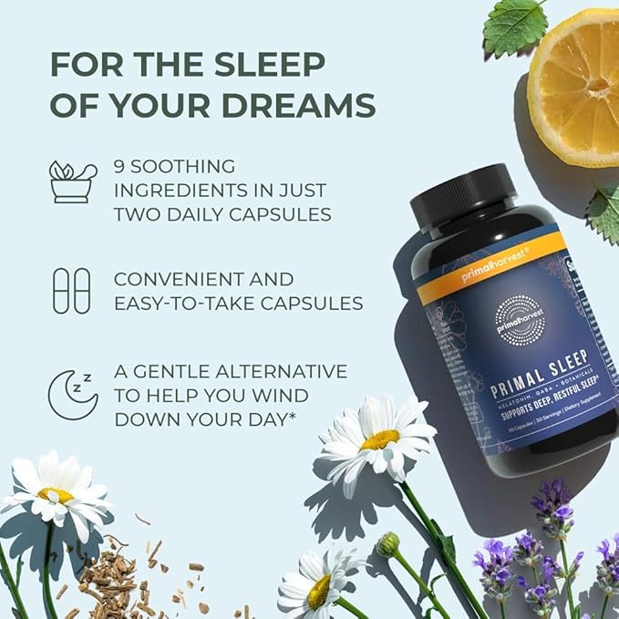 Primal Harvest Primal Sleep Support Supplement, 60 Capsules with Valerian Root, L-Tryptophan, GABA, Chamomile, and Melatonin 3mg