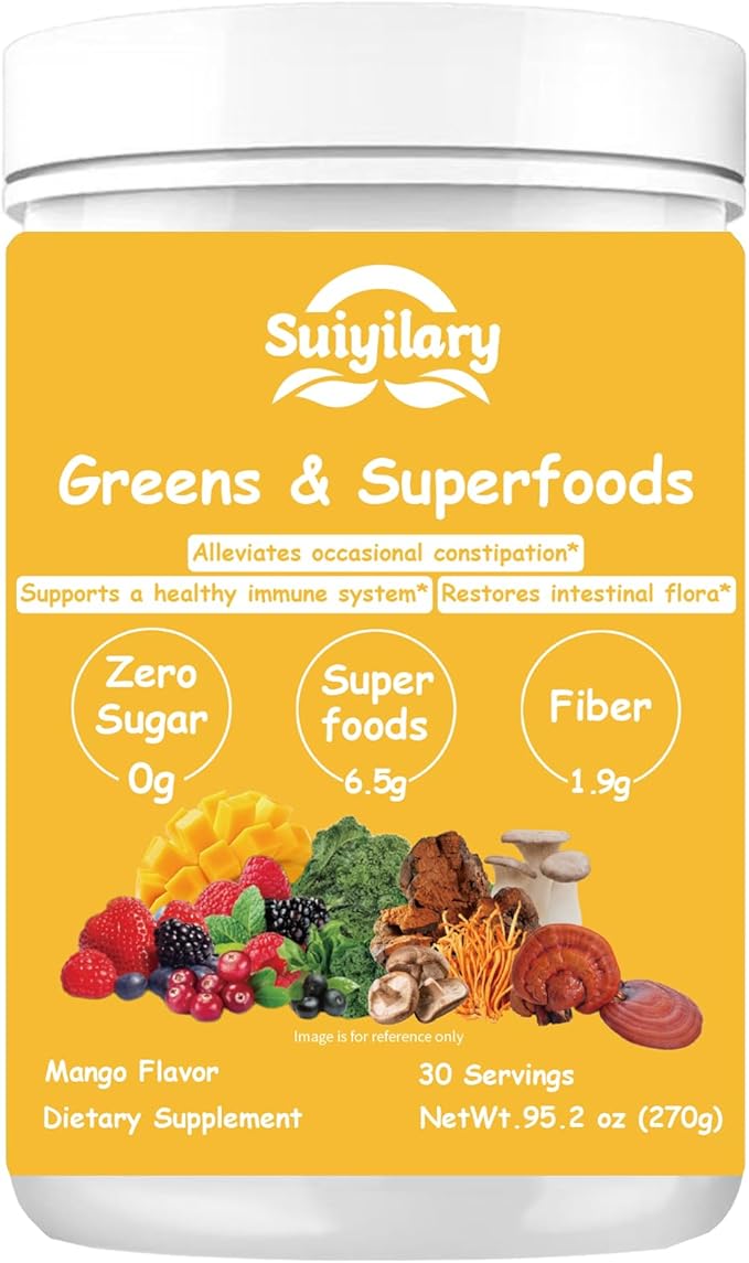 Super Greens Powder, 50+ Superfoods Blend, No Sugar, Fiber, Fruits, Vegetables, Spirulina, Chlorella, Mushrooms, Antioxidants, Prebiotics & Probiotics, Digestive Enzymes (9.52 OZ, Mango)
