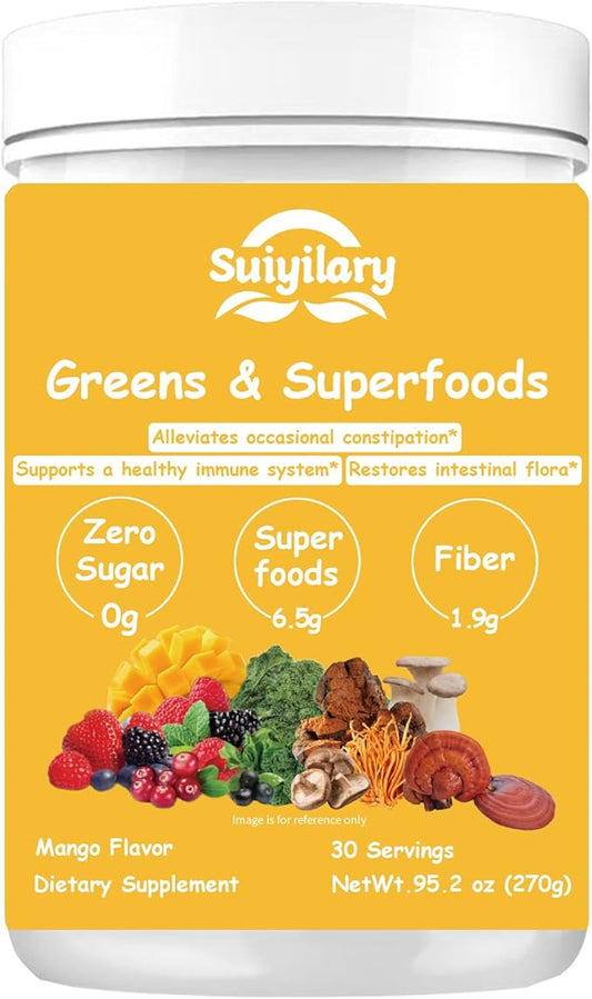 Super Greens Powder, 50+ Superfoods Blend, No Sugar, Fiber, Fruits, Vegetables, Spirulina, Chlorella, Mushrooms, Antioxidants, Prebiotics & Probiotics, Digestive Enzymes (9.52 OZ, Mango)