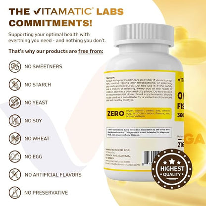Vitamatic Triple Strength Omega 3 Fish Oil 3600mg Per Serving, 2160mg Omega 3 Fatty Acids, 1296mg EPA + 864mg DHA, Burpless Lemon Flavor, 180 Softgels
