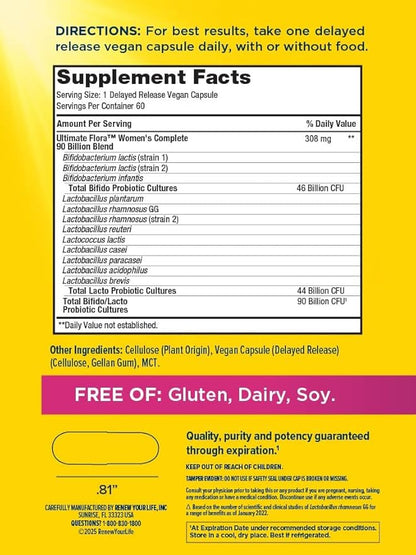 Ultimate Flora Probiotics Women's Complete 90 Billion CFU Delayed Release Vegan Capsules | Vaginal | Digestive Health | Immune Health | Dairy Free | 60 Count