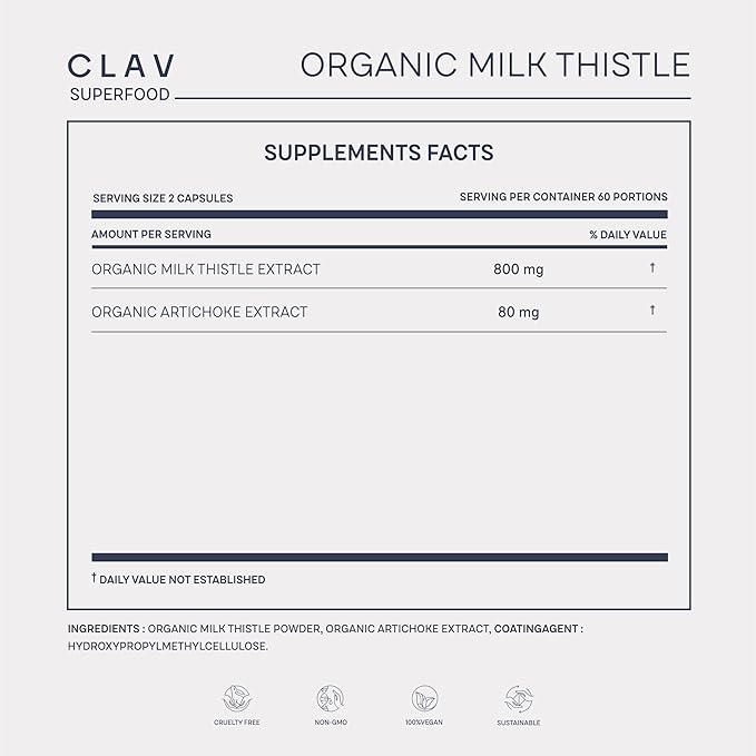 CLAV Organic Milk Thistle & Artichoke Extract Complex -Rich in Silymarin & Bitters - Liver Support + Detox Supplement - 120 Capsules (60 Days Supply) - Vegan - Made in Germany