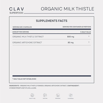 CLAV Organic Milk Thistle & Artichoke Extract Complex -Rich in Silymarin & Bitters - Liver Support + Detox Supplement - 120 Capsules (60 Days Supply) - Vegan - Made in Germany