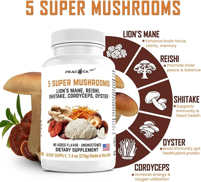 5 Mushrooms Supplement, 180 Count – Lion's Mane, Reishi, Shiitake, Cordyceps, Oyster Immune & Brain Supplement for Memory and Focus, Dietary Supplement for Energy