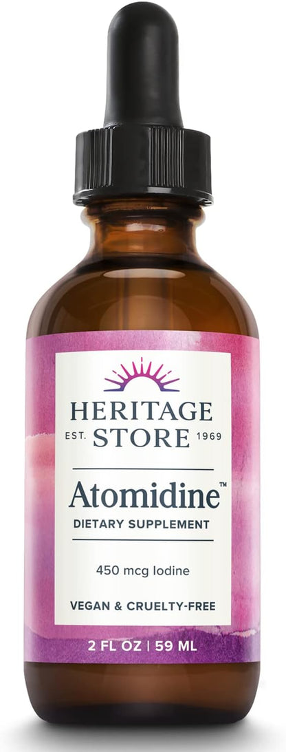 Heritage Store Atomidine 450mcg Liquid Iodine Drops, Electrically Charged Iodine Supplement for Healthy Thyroid Support,* Bioavailable Formula, Vegan & Cruelty Free, Approx. 960 Servings, 2 fl oz
