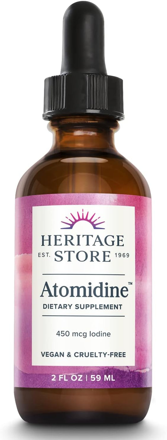 Heritage Store Atomidine 450mcg Liquid Iodine Drops, Electrically Charged Iodine Supplement for Healthy Thyroid Support,* Bioavailable Formula, Vegan & Cruelty Free, Approx. 960 Servings, 2 fl oz