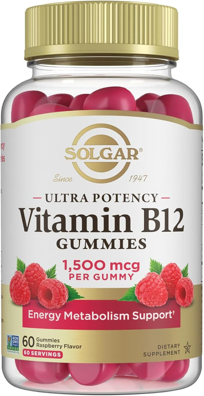 Solgar Methyl B12 Gummies for Adults 1,500mcg Ultra Potency Vitamin for Energy & Metabolism Support, Raspberry Flavor, Vegan & Gluten-Free Gummy for Women & Men, 2 Month Supply, 60 Servings, 2g Sugar