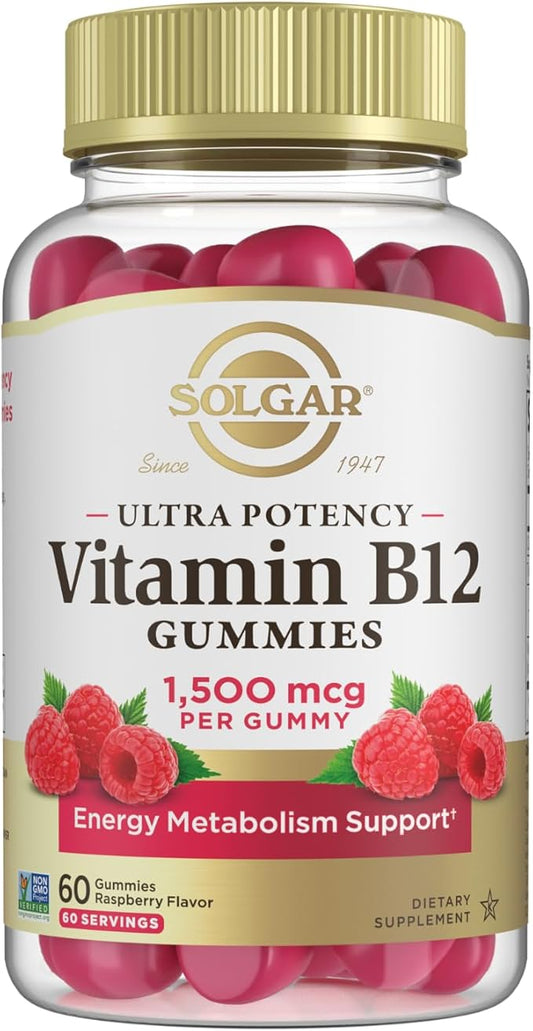 Solgar Methyl B12 Gummies for Adults 1,500mcg Ultra Potency Vitamin for Energy & Metabolism Support, Raspberry Flavor, Vegan & Gluten-Free Gummy for Women & Men, 2 Month Supply, 60 Servings, 2g Sugar