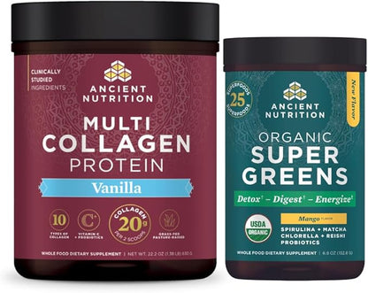 Ancient Nutrition Organic Supergreens Powder, Mango, 25 Servings + Multi Collagen Protein Powder, Vanilla, 60 Servings