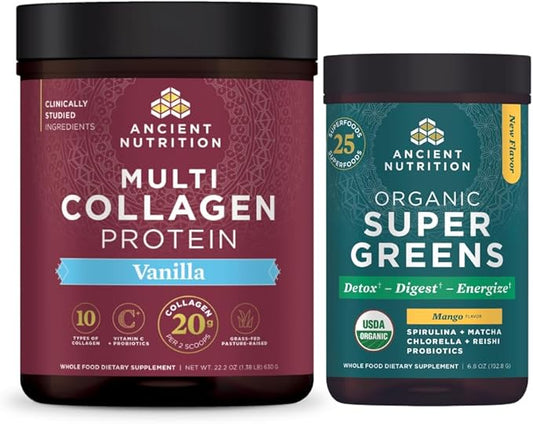 Ancient Nutrition Organic Supergreens Powder, Mango, 25 Servings + Multi Collagen Protein Powder, Vanilla, 60 Servings