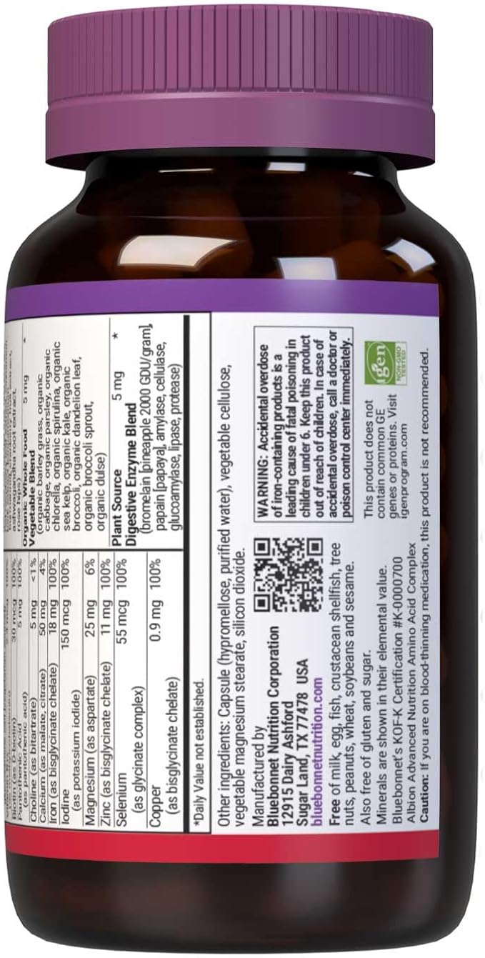 BlueBonnet Nutrition Ladies One Vegetable Capsule, Whole Food Multiple, K2, Organic Vegetable, Energy, Vitality, Non-GMO, Gluten Free, Soy Free, Milk Free, Kosher, 60 Vegetable Capsule, 2 Month Supply
