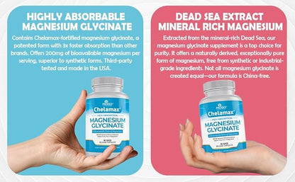 Chelamax Magnesium Glycinate.Dead Sea Magnesium Supplement for Restful Sleep,Muscle Cramps,Nerves,Digestive Support,3rd Party Tested,Heavy Metal Free,Pure Magnesium Glycinate Capsules.