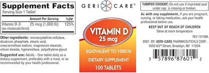 GeriCare Vitamin D 25mcg Tablets, Promotes Healthy Bones & Immune Support, Dietary Supplement, 100 Count (Pack of 1)