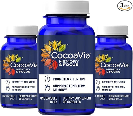CocoaVia Memory & Focus Brain Supplement, 90 Day, Cocoa Flavanol Blend, Lutein, Added Caffeine for Boost. Improve Cognitive Function, Attention, Vegan & Plant Based, 90 Capsules