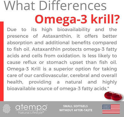 Antarctic Krill Oil 1000mg Rich in Omega 3 Healthy Fatty Acid Extra Strength EPA & DHA with Natural Astaxanthin, Heart & Brain Health, Superior Absorption 60 Small softgels. No Aftertaste or Reflux