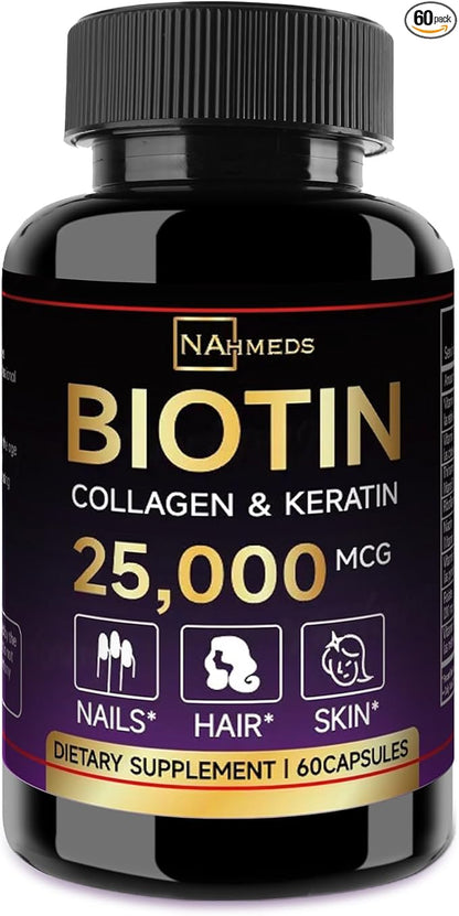 Biotin Hair Skin & Nails Vitamins – 25,000 mcg Biotin with Collagen, Keratin & Hyaluronic Acid – Supports Healthy Hair, Radiant Skin & Strong Nails – Unisex Supplement – 60 Capsules