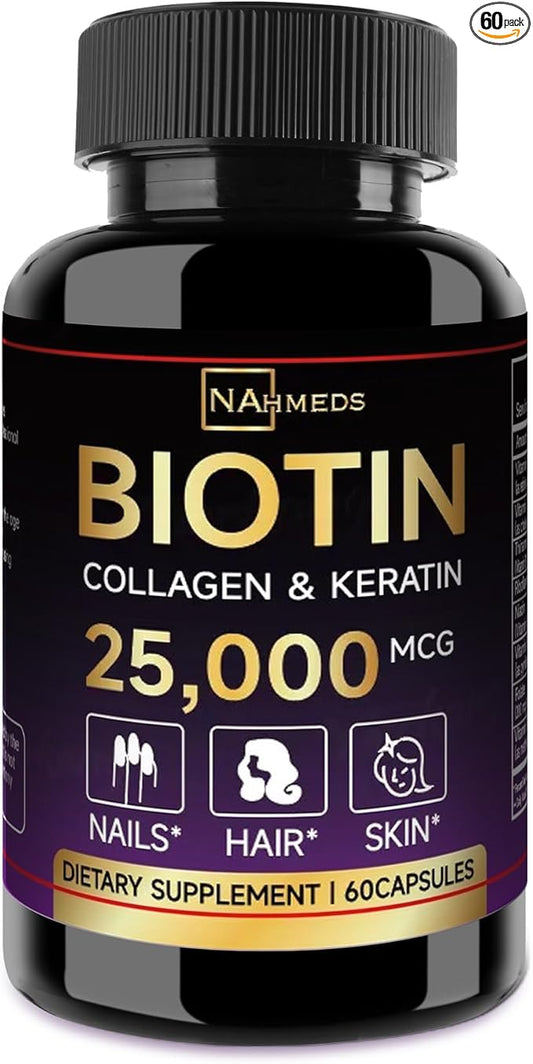 Biotin Hair Skin & Nails Vitamins – 25,000 mcg Biotin with Collagen, Keratin & Hyaluronic Acid – Supports Healthy Hair, Radiant Skin & Strong Nails – Unisex Supplement – 60 Capsules
