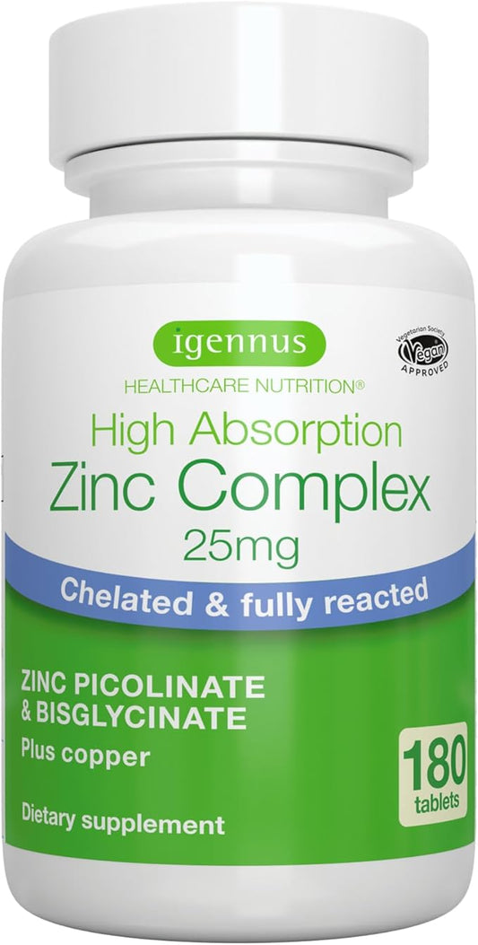 Igennus Chelated Zinc 25mg with Copper, Picolinate & Bisglycinate, Clean Label & High Absorption Complex, Supplement for Women & Men, Vegan, Immune, Skin and Cellular Health, 180 Tablets