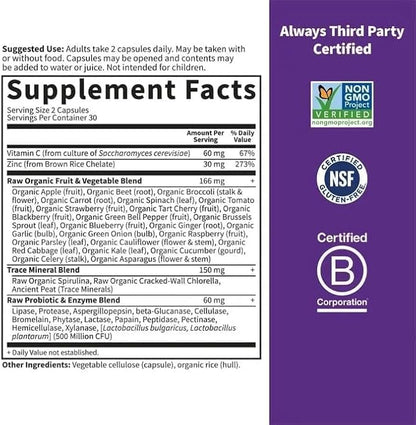 Gardens Life Zinc Supplement 30mg High Potency Raw Zinc and Vitamin C Multimineral Supplement, Vitamin Codes Vitamins Trace Minerals & Probiotics for Skin Health & Immune Support, 60 Vegan Capsules