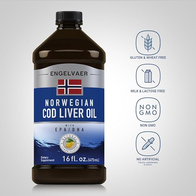 Piping Rock Cod Liver Oil Liquid | 16 fl oz | with EPA and DHA | Engelvaer Norwegian | Lemon Flavor | Non GMO, Gluten Free Supplement