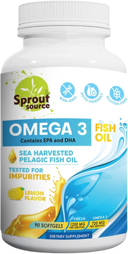 Sea-Harvested Pelagic Omega-3 Fish Oil for Heart Health, Eyes and Joint Support - 1200mg, 90-Day Supply - High Potency EPA DHA Fatty Acids - Lemon Flavor Anchovy Fish Oil - 90 Softgels