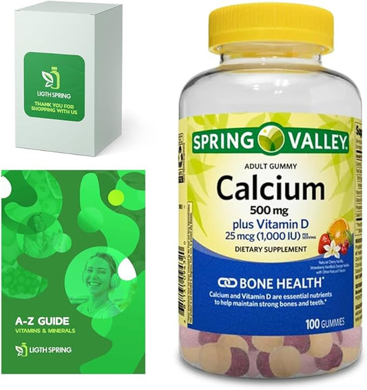Calcium Plus Vitamin D, Adult Gummies, 500 mcg, 1000 IU, Assorted Flavors, 100 Ct Bundle with Exclusive Vitamins & Minerals - A to Z - Better Ligth&Spring Guide (2 Items)
