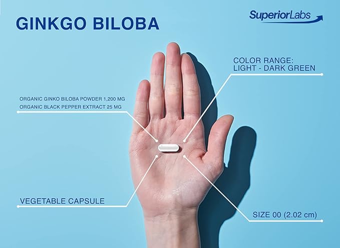 SuperiorLabs - Ginkgo Biloba - 1200mg, 120 Vegetable Capsules - Added Black Pepper for Optimal Absorption - Supports Brain and Heart Health - Memory & Concentration - Circulation Support