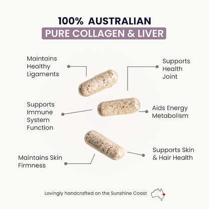 Organic Collagen Australia Pure Collagen & Liver Capsules – Muscle Strength & Vitality with Hydrolyzed Collagen, Grass-Fed Liver, and Vitamin B12 – 120 Capsules