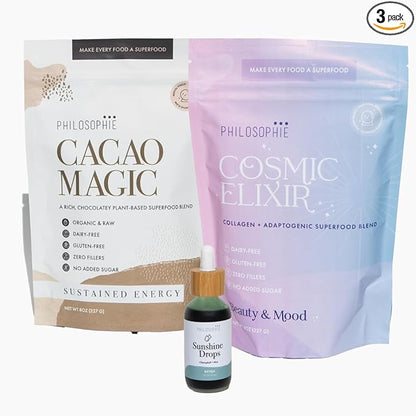Philosophie Sunshine Drops, Cacao Magic, & Cosmic Elixir Bundle - Liquid Chlorophyll & Superfood Powder Blends - All Natural Plant-Based 3pack