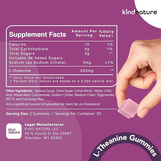 Kind Nature L-Theanine Gummies 200mg – Vegan Calm & Focus Supplement for Adults & Kids Ages 4+ – Mixed Berry Chewable, Low Sugar, Non-Drowsy*