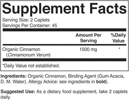 Brieofood Organic Cinnamon 1500mg, 45 Servings, Vegetarian, Gluten Free, 90 Vegetarian Tablets