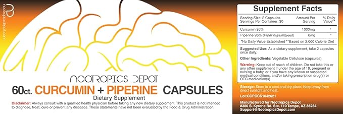 Nootropics Depot Curcumin + Piperine Capsules | 1000mg Curcumin + 6mg Piperine | 60 Count