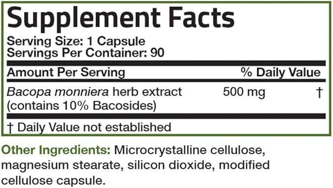Bronson Bacopa Monnieri Extract 500 mg - Promotes Mental Clarity and Brain Function - Non GMO, 90 Vegetarian Capsules