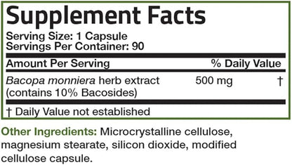 Bronson Bacopa Monnieri Extract 500 mg - Promotes Mental Clarity and Brain Function - Non GMO, 90 Vegetarian Capsules
