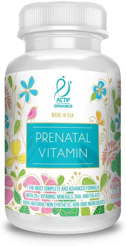 ACTIF Organic Prenatal Vitamin with 30+ Organic Vitamins, 100% Natural, DHA, EPA, Omega 3, and Organic Herbal Blend - Non-GMO, 45 Servings