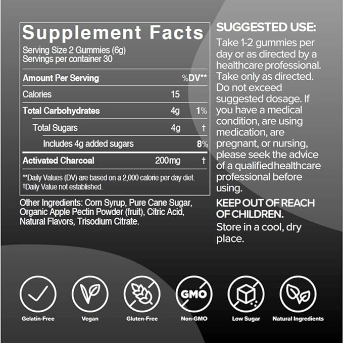 gumi Nutrition Coconut Activated Charcoal Gummies - Charcoal Supplements for Detox, Oral Health & Gut Health - 200mg Gummy Vitamin - Gluten Free, Vegan & Non GMO - Natural Açaí Flavor (60 Count)