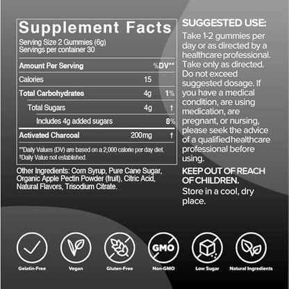 gumi Nutrition Coconut Activated Charcoal Gummies - Charcoal Supplements for Detox, Oral Health & Gut Health - 200mg Gummy Vitamin - Gluten Free, Vegan & Non GMO - Natural Açaí Flavor (60 Count)