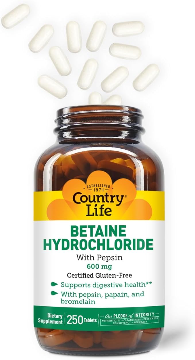 Country Life Betaine Hydrochloride with pepsin 600 mg - 250 Tablets
