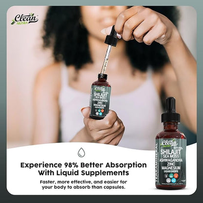 Shilajit Liquid Drops with Sea Moss, Ashwagandha, Zinc, Magnesium, Liquid Vitamins for Women and Men - Terra Mineral by Clean Nutra - 2Pack
