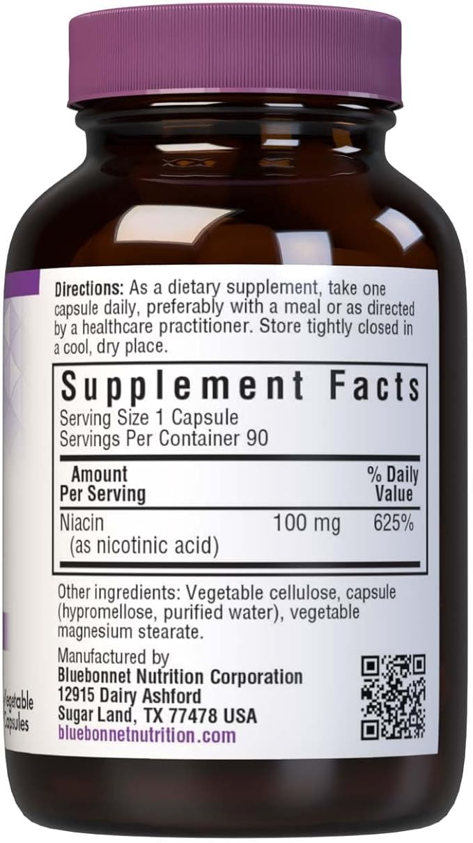 Bluebonnet Niacin 100mg Vitamin B3 Nicotinic Acid - Heart Health Support for Women & Men* - Non-GMO, Vegan, Kosher, Gluten-Free, Soy-Free, Dairy-Free Flush Niacin Supplement - 90 Vegetable Capsules