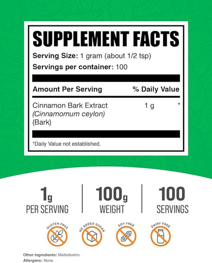 BulkSupplements.com Ceylon Cinnamon Extract Powder - Cinnamon Extract, Cinnamon Ceylon - Cinnamon Supplement, Pack of 1 - Gluten Free & Soy Free, 1000mg per Serving, 100g (3.5 oz)