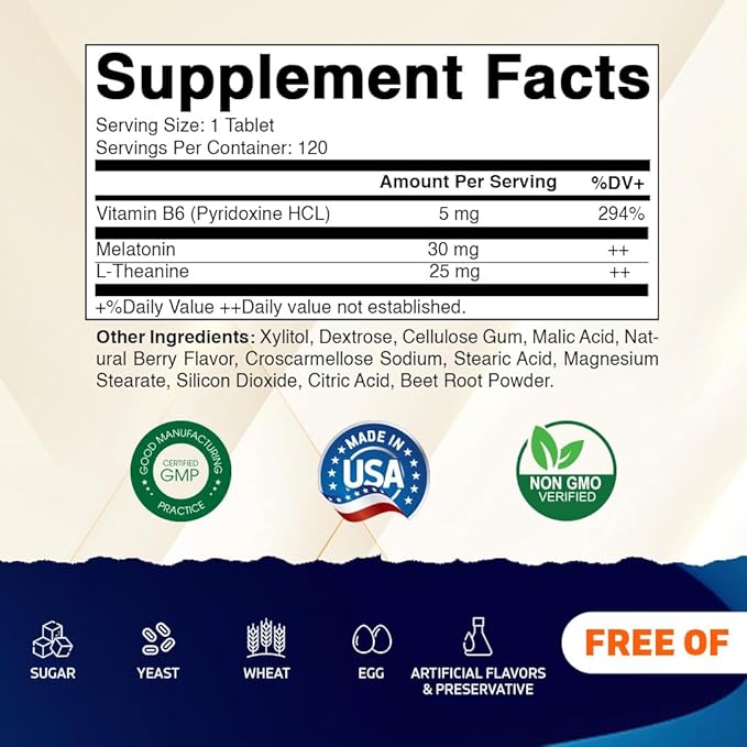 Vitamatic Melatonin 30 mg - with B6 & L-Theanine - 120 Fast Dissolve Tablets with Natural Berry Flavor (2 Tablets Dose = Melatonin 60 mg) (120 Count (Pack of 1))