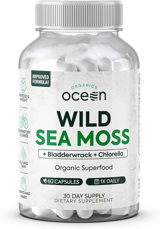 Wild Sea Moss Capsules - 100% Organic Irish Sea Moss with Organic Chlorella, Bladderwrack and Vitamin D for Energy, Lung Health and Thyroid Support for Women and Men - 60 Capsules