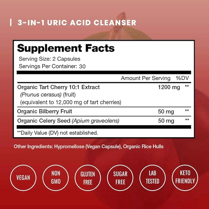 NutraChamps Organic Tart Cherry Extract Capsules 12,000mg - Made from Montmorency Tart Cherry Concentrate, Celery Seed & Bilberry - Uric Acid Cleanse & Joint Support - Vegan Tart Cherry Capsules